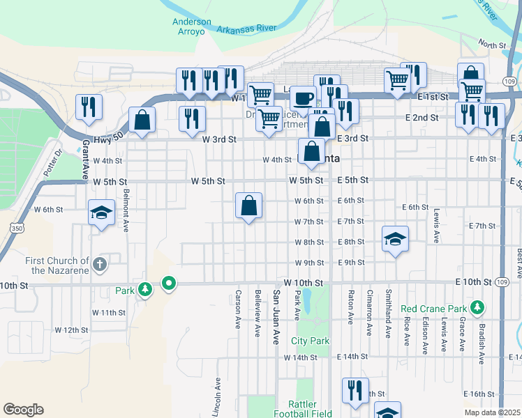 map of restaurants, bars, coffee shops, grocery stores, and more near 608 Belleview Avenue in La Junta