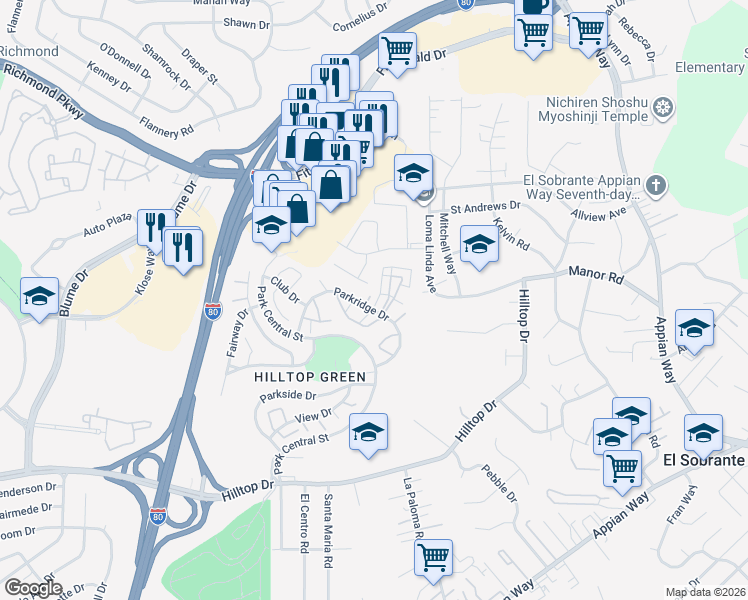 map of restaurants, bars, coffee shops, grocery stores, and more near 8 Park Court in Richmond