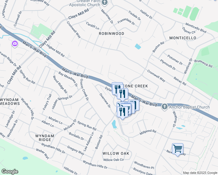 map of restaurants, bars, coffee shops, grocery stores, and more near 3565 Cephas Way in Lexington