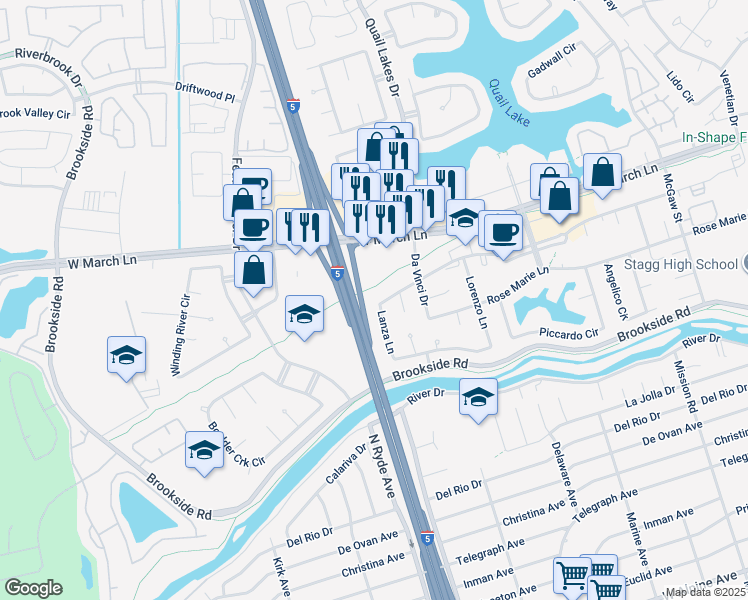 map of restaurants, bars, coffee shops, grocery stores, and more near 2673 Grand Canal Boulevard in Stockton