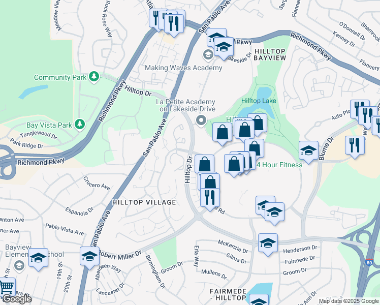 map of restaurants, bars, coffee shops, grocery stores, and more near Hilltop Drive & Hillview Drive in Richmond