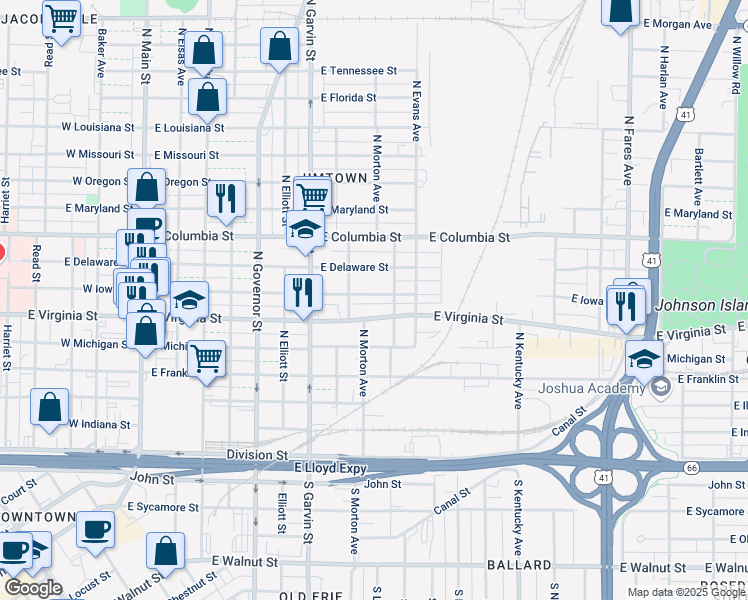 map of restaurants, bars, coffee shops, grocery stores, and more near 725 East Iowa Street in Evansville