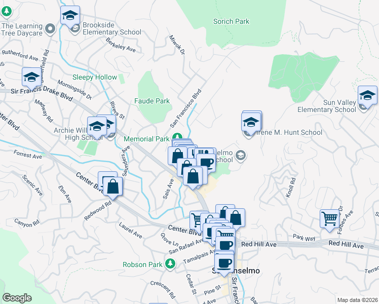map of restaurants, bars, coffee shops, grocery stores, and more near 101 Sunnyhills Drive in San Anselmo