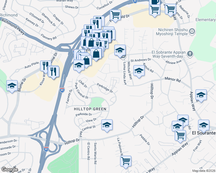 map of restaurants, bars, coffee shops, grocery stores, and more near 8 Park Court in Richmond