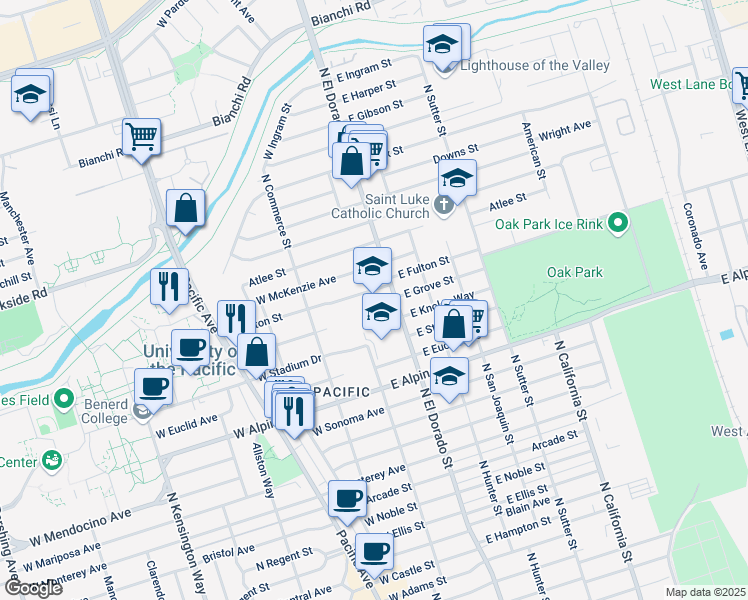 map of restaurants, bars, coffee shops, grocery stores, and more near 11 East Fulton Street in Stockton