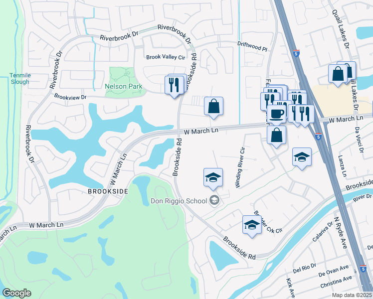 map of restaurants, bars, coffee shops, grocery stores, and more near 3252 West March Lane in Stockton