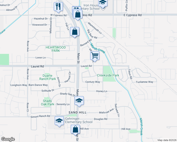 map of restaurants, bars, coffee shops, grocery stores, and more near 411 White Oak Court in Oakley