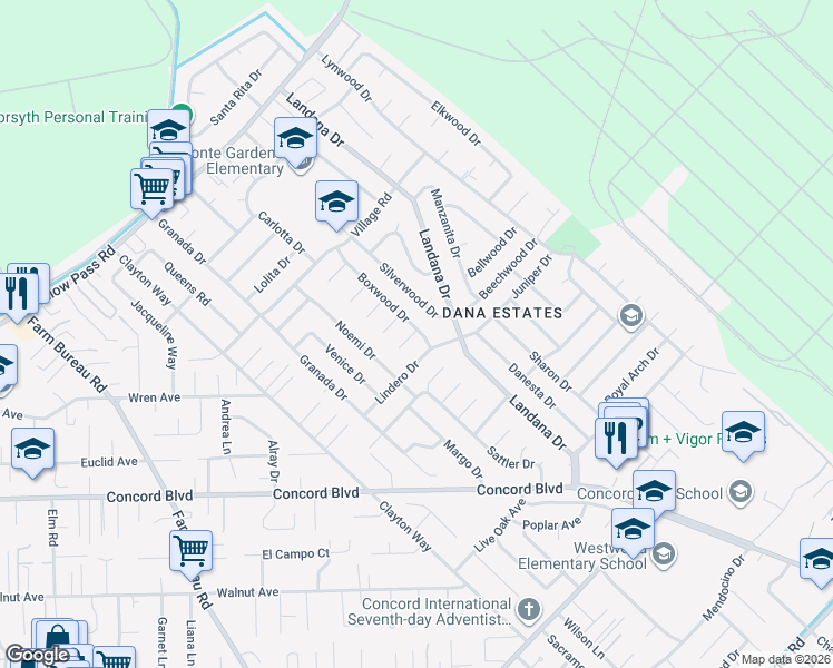 map of restaurants, bars, coffee shops, grocery stores, and more near 3772 Sierrawood Court in Concord