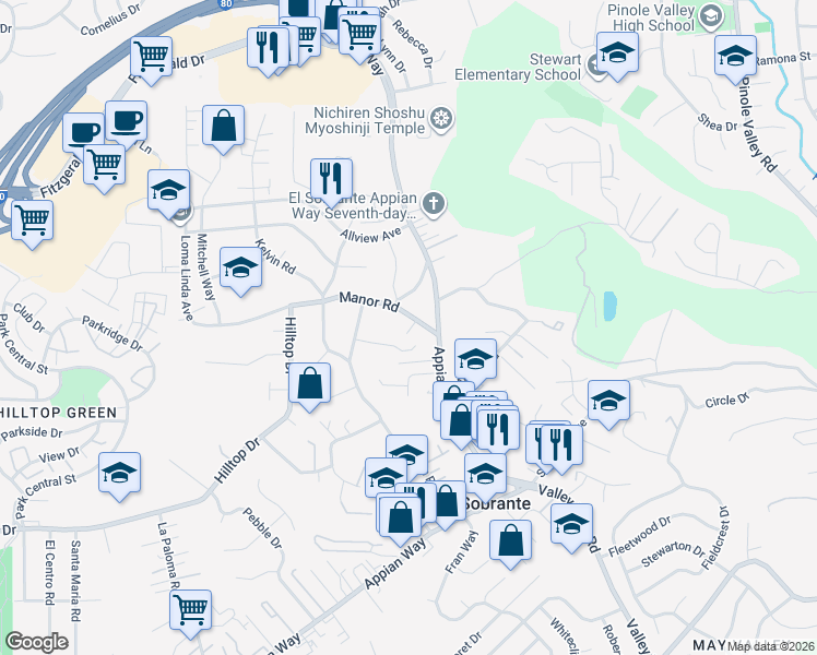 map of restaurants, bars, coffee shops, grocery stores, and more near 766 Manor Road in El Sobrante