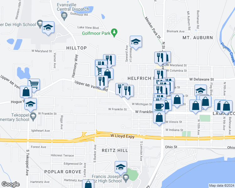 map of restaurants, bars, coffee shops, grocery stores, and more near 517 Helfrich Lane in Evansville