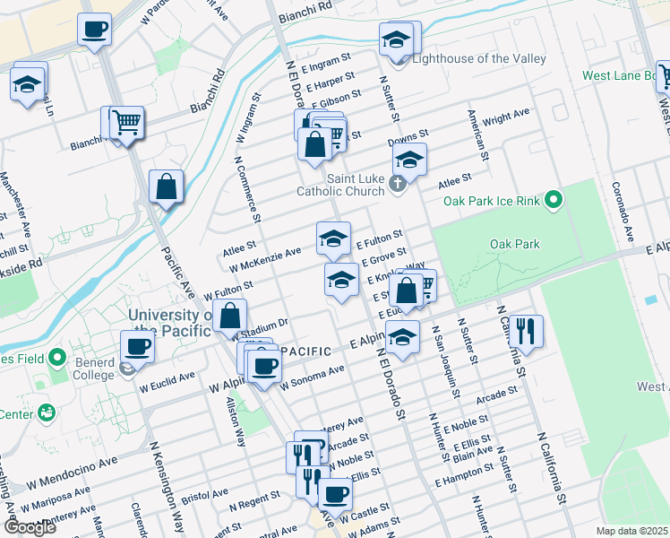 map of restaurants, bars, coffee shops, grocery stores, and more near 20 East Fulton Street in Stockton