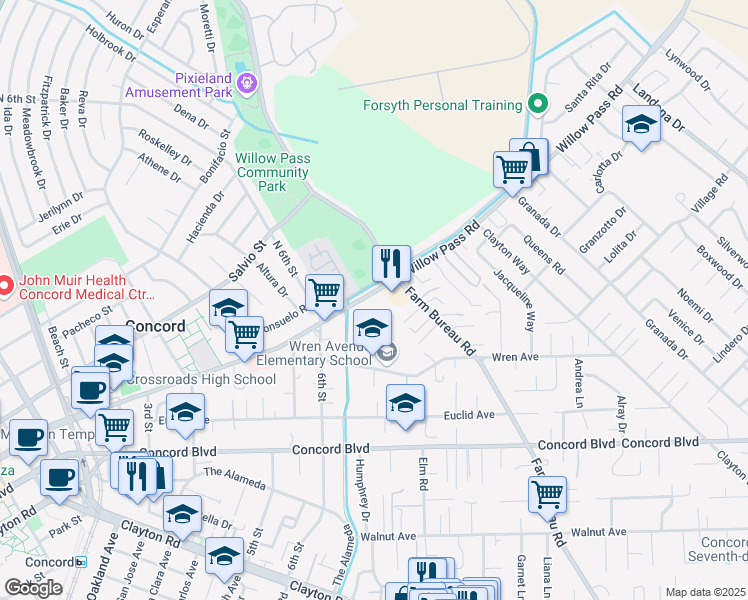 map of restaurants, bars, coffee shops, grocery stores, and more near 3330 Willow Pass Road in Concord