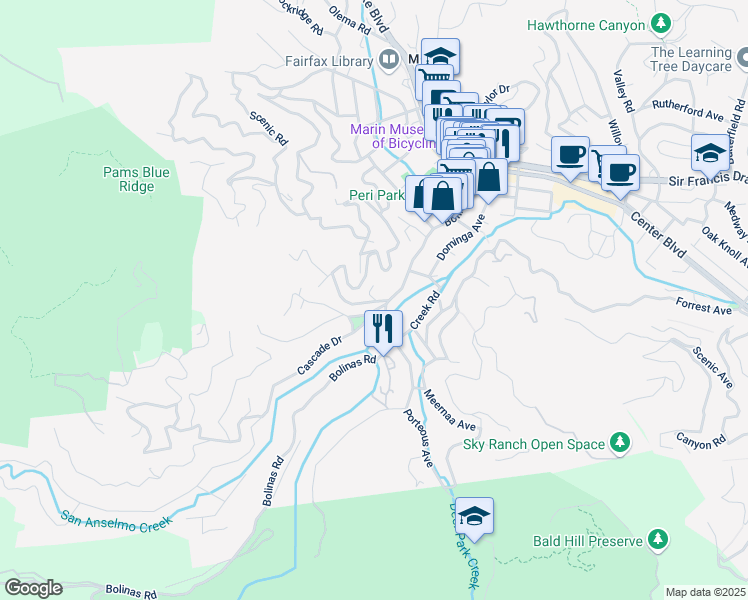 map of restaurants, bars, coffee shops, grocery stores, and more near 15 Coree Lane in Fairfax