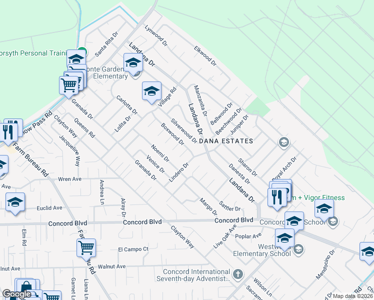 map of restaurants, bars, coffee shops, grocery stores, and more near 3772 Sierrawood Court in Concord