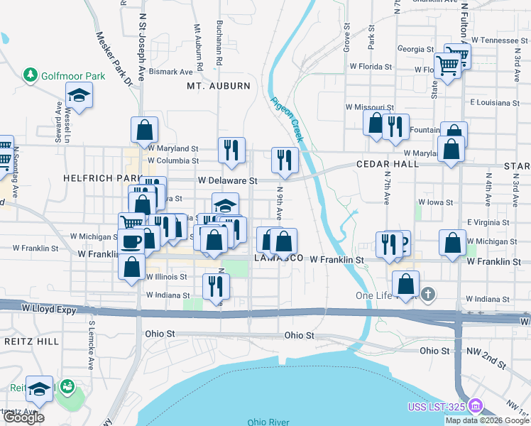 map of restaurants, bars, coffee shops, grocery stores, and more near 501-599 Casselberry Avenue in Evansville