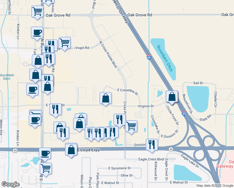 map of restaurants, bars, coffee shops, grocery stores, and more near 7323 East Columbia Street in Evansville