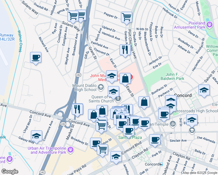 map of restaurants, bars, coffee shops, grocery stores, and more near 2400-2498 Grant St in Concord