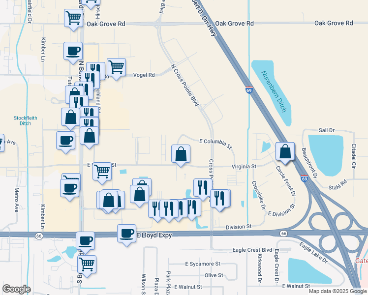 map of restaurants, bars, coffee shops, grocery stores, and more near 525 Bentee Wes Court in Evansville