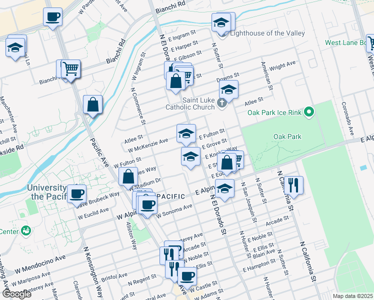 map of restaurants, bars, coffee shops, grocery stores, and more near 20 East Fulton Street in Stockton