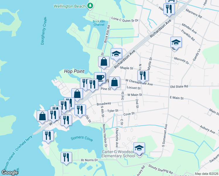map of restaurants, bars, coffee shops, grocery stores, and more near 328 Pine Street in Crisfield