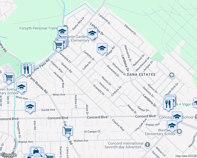 map of restaurants, bars, coffee shops, grocery stores, and more near 1834 Venice Drive in Concord