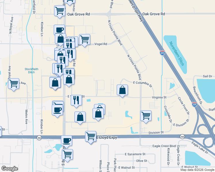 map of restaurants, bars, coffee shops, grocery stores, and more near 640 Yankee Lane in Evansville