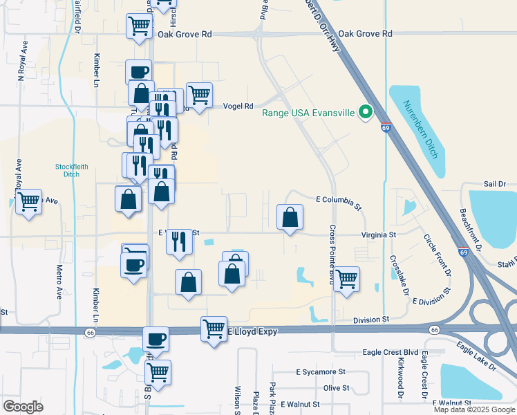 map of restaurants, bars, coffee shops, grocery stores, and more near 640 Yankee Lane in Evansville