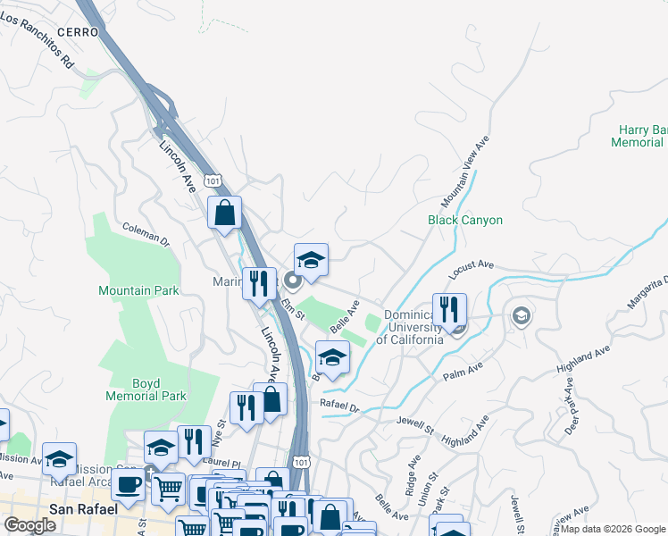 map of restaurants, bars, coffee shops, grocery stores, and more near 213 Linden Lane in San Rafael