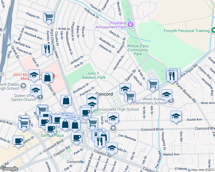 map of restaurants, bars, coffee shops, grocery stores, and more near 2039 Ricardo Drive in Concord