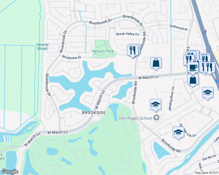 map of restaurants, bars, coffee shops, grocery stores, and more near 3614 Arrowhead Court in Stockton