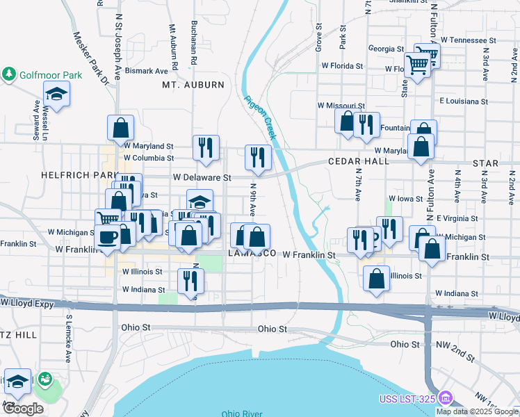map of restaurants, bars, coffee shops, grocery stores, and more near 1730 West Iowa Street in Evansville