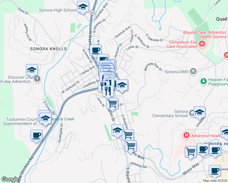 map of restaurants, bars, coffee shops, grocery stores, and more near 230 South Shepherd Street in Sonora