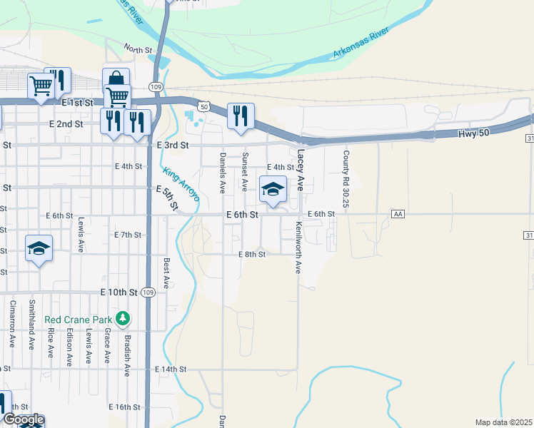 map of restaurants, bars, coffee shops, grocery stores, and more near 1401 East 6th Street in La Junta