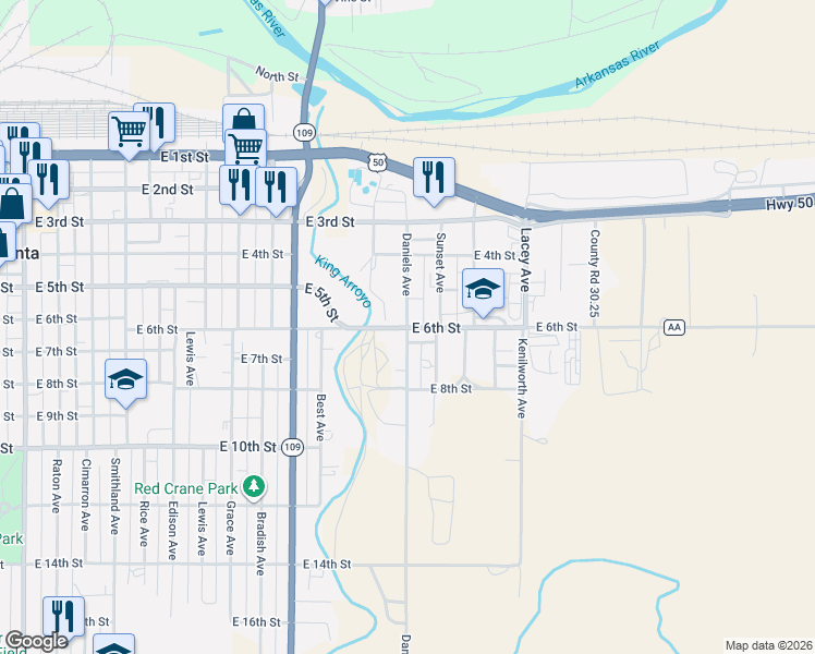 map of restaurants, bars, coffee shops, grocery stores, and more near 598 Daniel Ave in La Junta