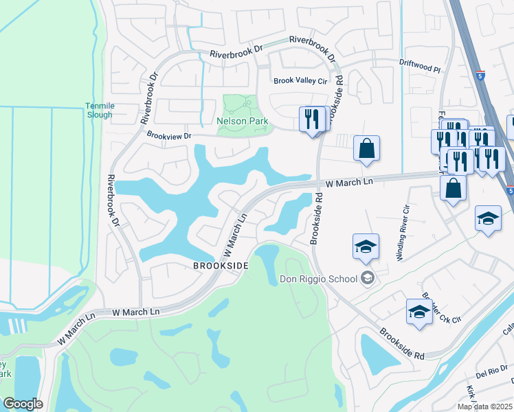 map of restaurants, bars, coffee shops, grocery stores, and more near 3614 Arrowhead Court in Stockton