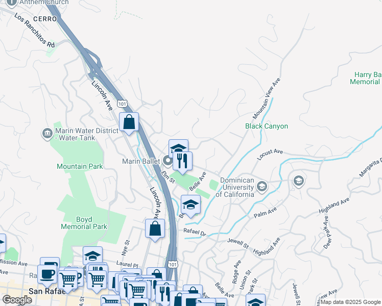 map of restaurants, bars, coffee shops, grocery stores, and more near 213 Linden Lane in San Rafael