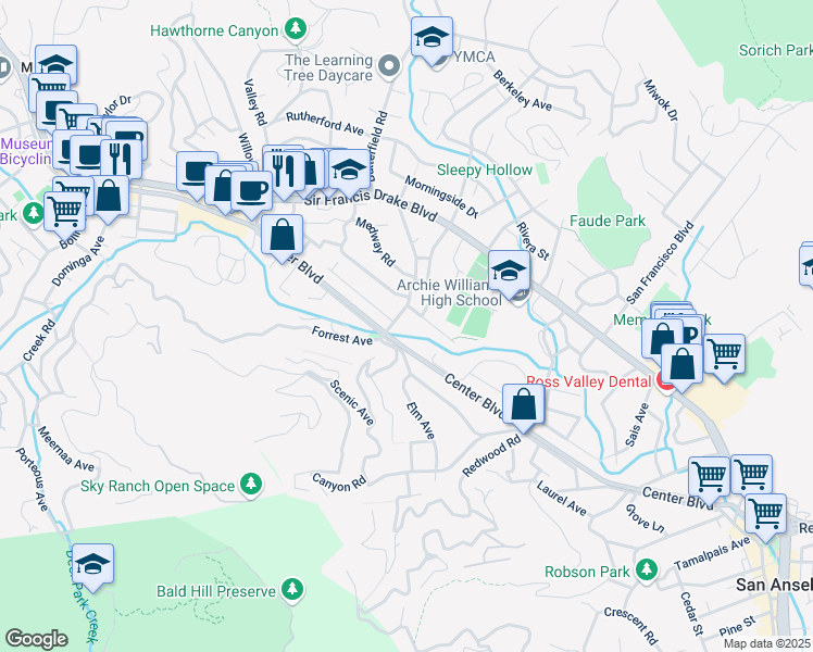 map of restaurants, bars, coffee shops, grocery stores, and more near 1527 San Anselmo Avenue in San Anselmo