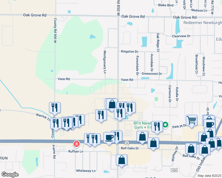 map of restaurants, bars, coffee shops, grocery stores, and more near 8566 South Vann Road in Newburgh