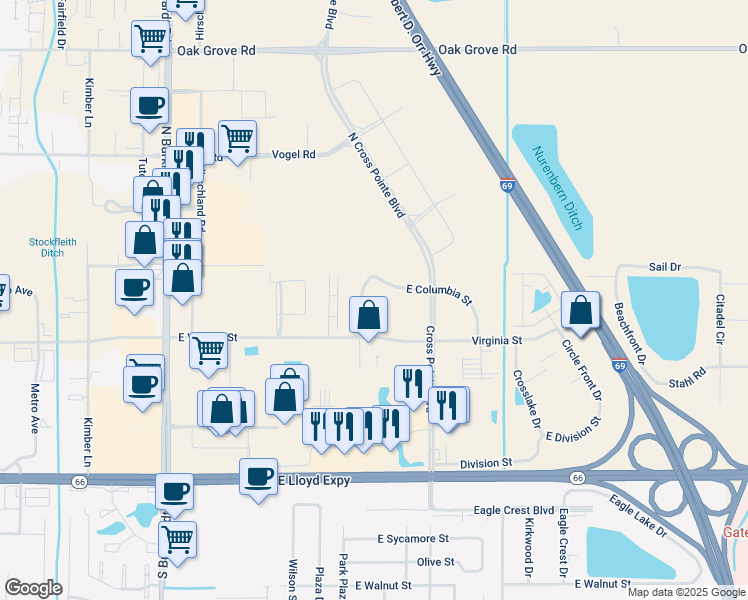 map of restaurants, bars, coffee shops, grocery stores, and more near 525 Bentee Wes Court in Evansville