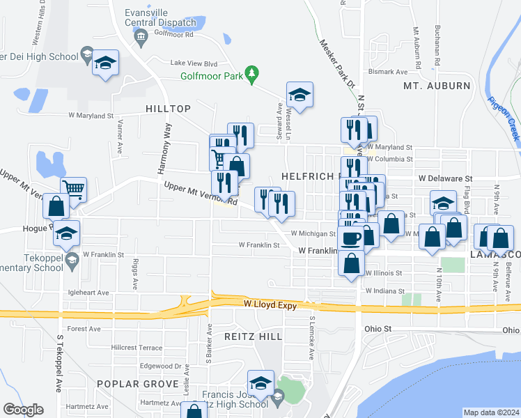 map of restaurants, bars, coffee shops, grocery stores, and more near 517 Helfrich Lane in Evansville