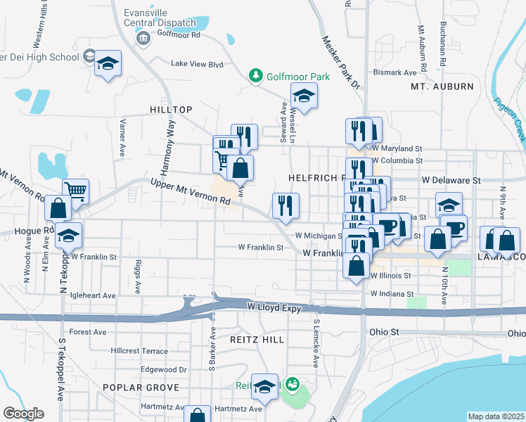 map of restaurants, bars, coffee shops, grocery stores, and more near 517 Helfrich Lane in Evansville