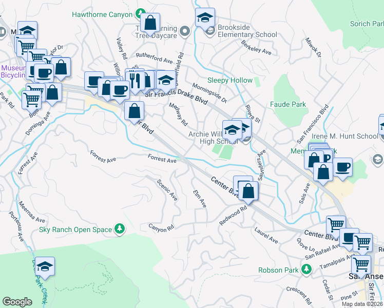 map of restaurants, bars, coffee shops, grocery stores, and more near 1520 San Anselmo Avenue in San Anselmo