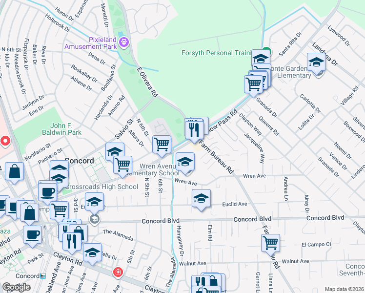 map of restaurants, bars, coffee shops, grocery stores, and more near 3225 Willow Pass Road in Concord