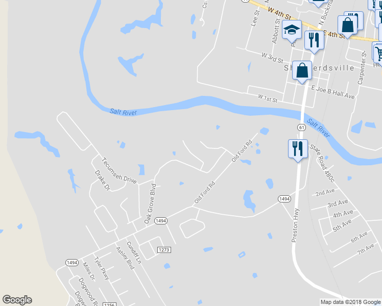 map of restaurants, bars, coffee shops, grocery stores, and more near Crooked Oak Court in Shepherdsville