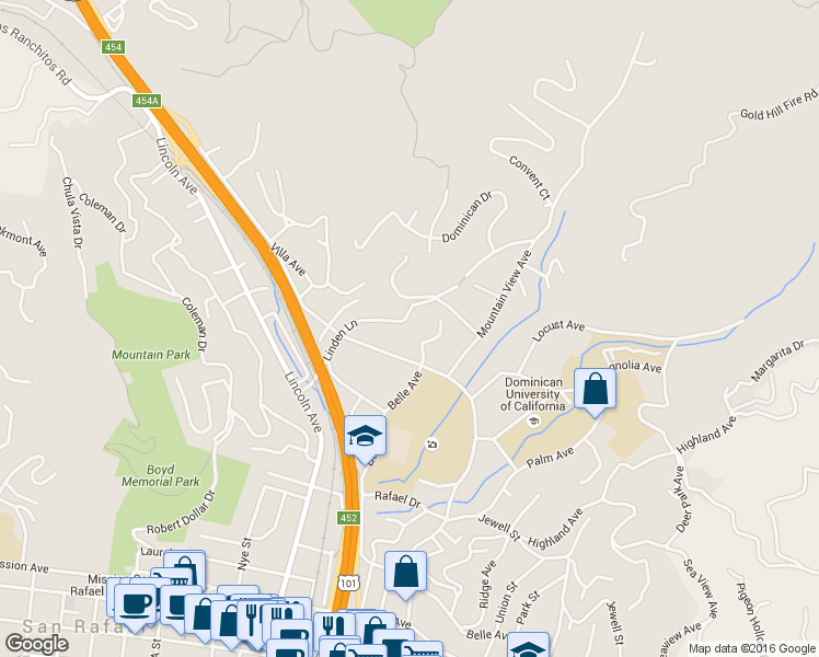 map of restaurants, bars, coffee shops, grocery stores, and more near 213 Linden Lane in San Rafael