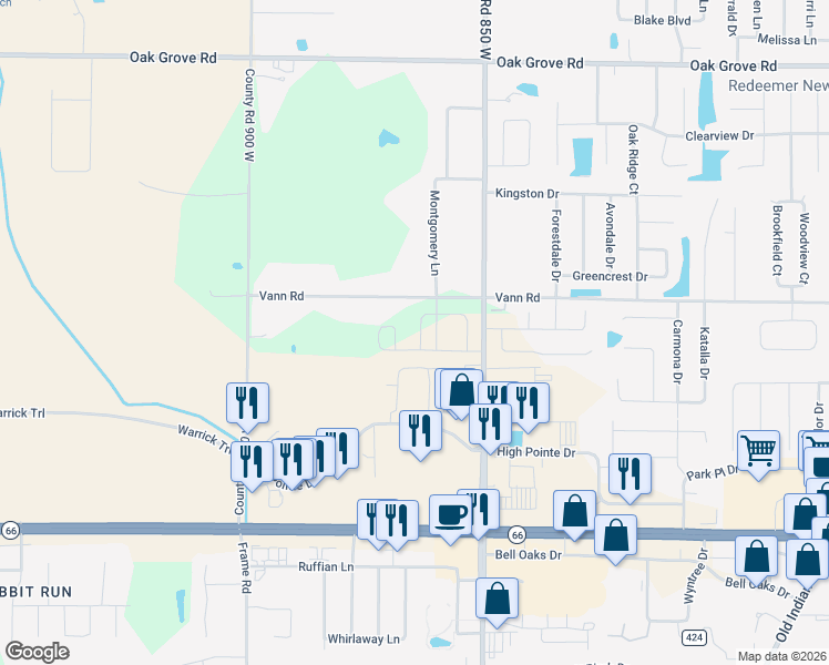 map of restaurants, bars, coffee shops, grocery stores, and more near 8699 South Vann Road in Newburgh