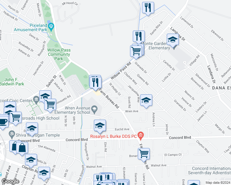 map of restaurants, bars, coffee shops, grocery stores, and more near 1869 Saint Phillip Court in Concord