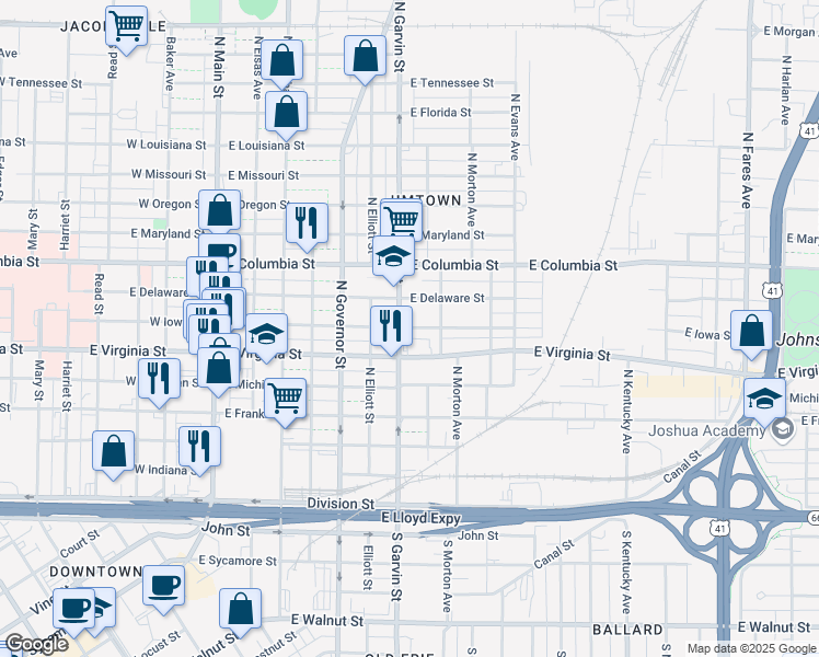 map of restaurants, bars, coffee shops, grocery stores, and more near 607 East Iowa Street in Evansville