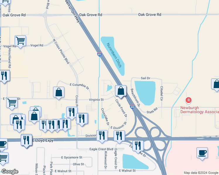 map of restaurants, bars, coffee shops, grocery stores, and more near 7900 Circle Front Court in Evansville