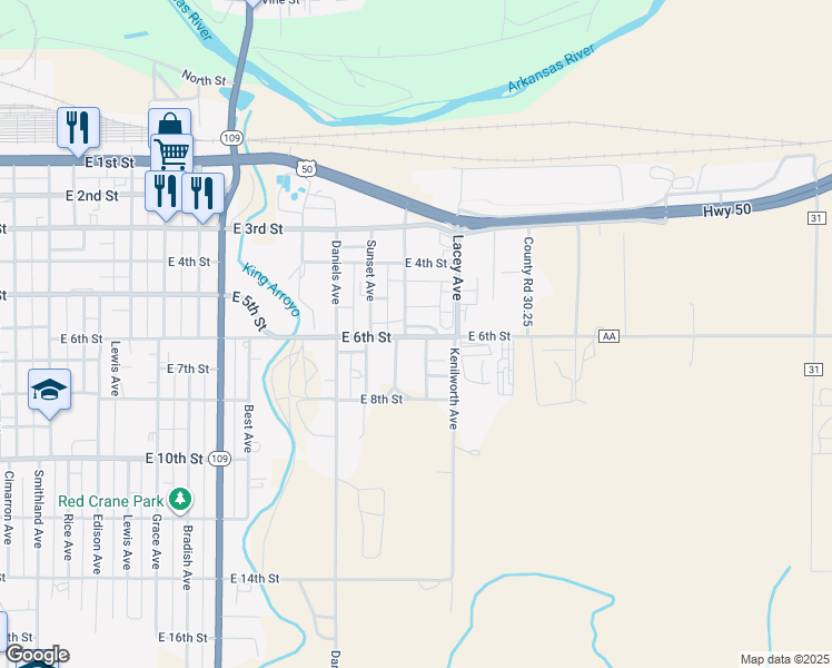 map of restaurants, bars, coffee shops, grocery stores, and more near 1401 East 6th Street in La Junta